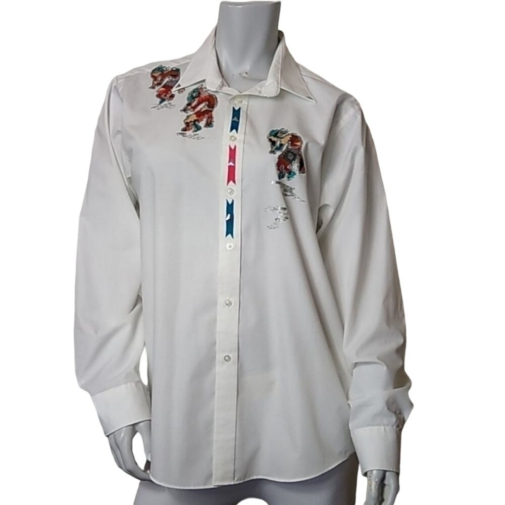 MJ Michael James Womens LG Shirt White Southwestern Aztec Button Down Art 2 Wear